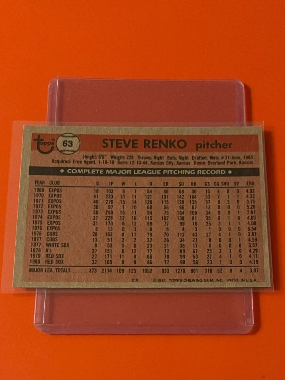 Steve Renko #63 1981 Topps Baseball Trading Card